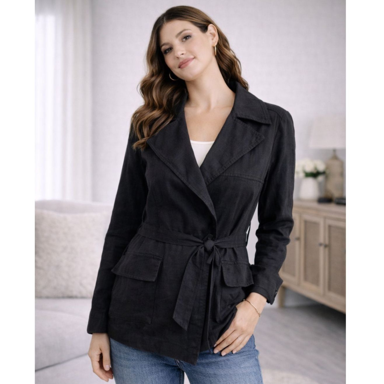 100% Linen Jacket Lord & Taylor Black Lightweight V-Neck Belted Xs — image 2 of 8